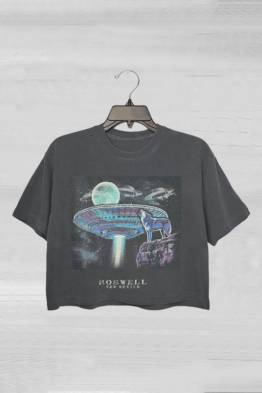 Roswell New Mexico UFO Moon Wolf Alien Crop Tee For Women